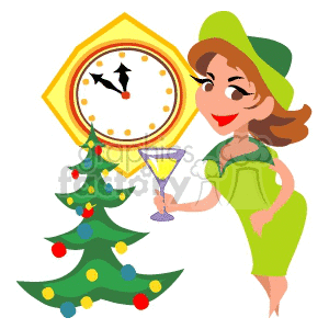 Clipart image of a woman in a green holiday outfit holding a drink, standing next to a decorated Christmas tree and a clock.