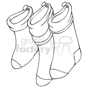 The image is a clipart of three empty Christmas stockings. They appear to be hanging as if they are ready to be filled with gifts or presents for the holiday.