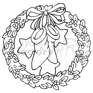 This clipart image depicts a holiday-themed wreath adorned with stars and a bow. The wreath is circular, made of what appear to be laurel leaves or holly, and features a large ribbon tied into a bow at the top, from which hang two stars. It has a festive, holiday appearance suitable for Christmas or similar celebrations.