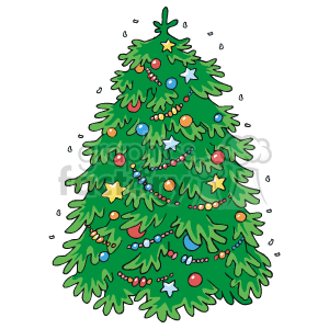   The image is a clipart of a decorated Christmas tree. The tree is adorned with colorful ornaments including stars and balls, and garlands or strings of beads. There