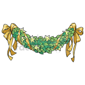 The image depicts a festive Christmas garland decorated with golden bows. The garland is composed of green leaves tied at both ends with large, flowing golden ribbons creating an elegant holiday decoration.
