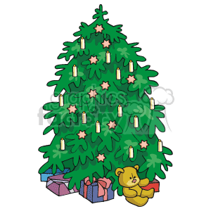 The clipart image depicts a decorated Christmas tree adorned with candles, stars, and lights. Beneath the tree, there are wrapped gifts, and a teddy bear is sitting beside the presents, holding a gift.