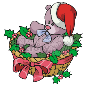 The image features a teddy bear wearing a Santa hat, sitting inside a wicker basket embellished with holly berries. The basket is adorned with a large red ribbon bow.