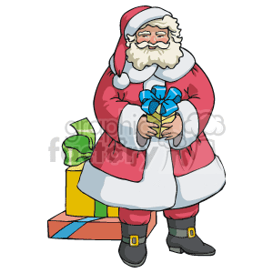 The clipart image depicts Santa Claus holding a gift with a blue bow. He is standing in front of a pile of wrapped presents, wearing his traditional red and white suit with black boots. His expression is cheerful and he has a white beard and mustache.