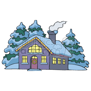 The clipart image depicts a cozy winter scene during the holiday season. It features a house with a snow-covered roof, a lit chimney with smoke coming out, windows glowing warmly, and a festive wreath hanging on the front door. The house is adorned with Christmas lights along its roofline. In the background, there are evergreen trees with a dusting of snow, suggesting a chilly winter environment.