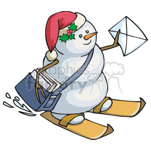 The image shows a cheerful cartoon snowman wearing a red Santa hat with a holly decoration on the side. The snowman is equipped with a pair of skis and appears to be skiing. With a satchel slung over its shoulder and a raised arm holding an envelope, the snowman seems to be in the role of a mail carrier, delivering mail.