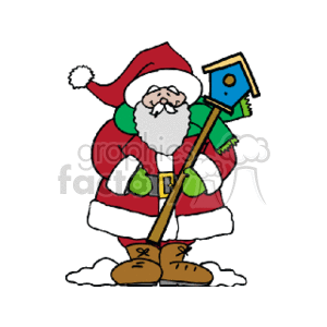 This clipart image depicts Santa Claus standing in the snow while holding a birdhouse atop a pole. He is dressed in his traditional red and white Christmas outfit, complete with a hat, and he is smiling.