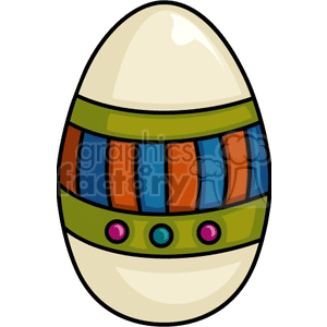 Clipart image of a colorful Easter egg with decorative stripes and dots.