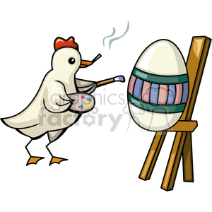 Chicken painting Easter egg on easel