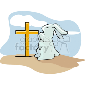 A clipart image of a rabbit kneeling in front of a cross, symbolizing Easter and Christian themes.