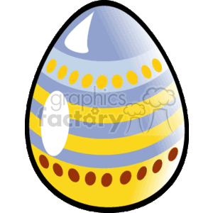 The image is a clipart of a decorated Easter egg. The egg has a pattern of blue, yellow, and white with stripes and dots.