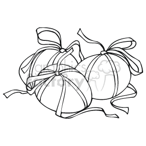 The image represents a clipart of two Easter eggs, each adorned with a decorative ribbon tied in a bow. The illustration is in a black and white, line art style.