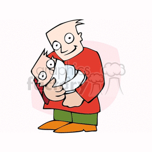 A cartoon-style image of a father holding his baby son, both smiling joyfully.