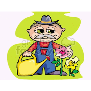 Cartoon Father Watering Flowers