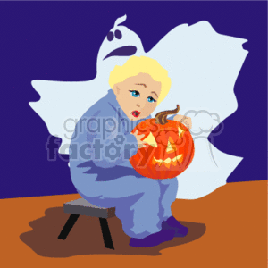   This is a clipart image featuring a young boy
 sitting on a little stool and holding a carved pumpkin which represents a jack-o