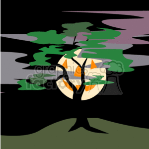   The clipart image displays a stylized Halloween scene. Features include silhouettes of trees with green leaves in the foreground, against a dark background that sets the nighttime mood. At the center of the image is a large full moon with the impression of a Halloween pumpkin