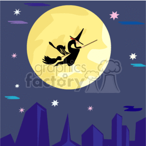   This clipart image features a silhouette of a witch flying on a broomstick with a black cat across a full moon in a nighttime sky. The background includes stars and a city skyline with buildings
