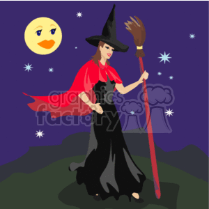  The clipart image depicts a classic Halloween scene featuring a witch. The witch is standing on a hilltop at night, wearing a black dress with a red cloak, and holding a broom. She is also wearing a pointed witch