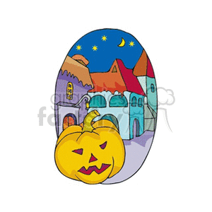 A Halloween-themed clipart featuring a carved pumpkin with a spooky face in front of a whimsical town under a night sky with stars and a crescent moon.