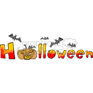   The clipart image features the word Halloween in a whimsical, colorful font. Each letter appears to have a different design or color treatment, combining aspects of traditional Halloween imagery. A carved jack-o