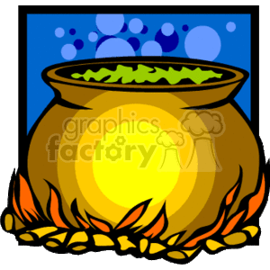 The image is a colorful clipart illustration of a classic Halloween cauldron. The cauldron is depicted as a large, rounded pot with a green bubbly potion inside. It's placed over a fire with orange and yellow flames, indicating that the potion is being brewed or heated. The background includes a dark night sky with a suggestion of blue bubbles or mystical energy around the cauldron, adding to the supernatural ambiance associated with Halloween.