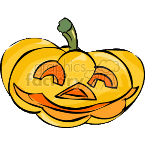 This clipart image features a cartoon-style drawing of a carved pumpkin with a happy expression that is often associated with Halloween decorations. The pumpkin has eyes and a mouth cut out in the traditional style of a Halloween jack-o'-lantern, and the image itself has bold outlines and a simplified color palette, typical of clipart design.