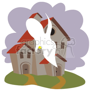 Clipart of a haunted house with a ghost in front, featuring a spooky Halloween theme.