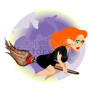 A cartoon witch flying on a broomstick against a purple background. The witch has orange hair and is wearing a black dress.