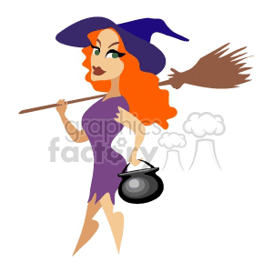 A cartoon witch in a purple costume holding a broom and a cauldron.