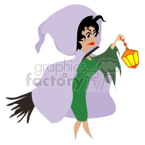 Halloween Witch with Lantern and Broomstick