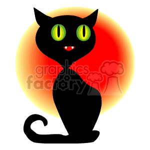 black cat with green eyes and a sunset Halloween  background 