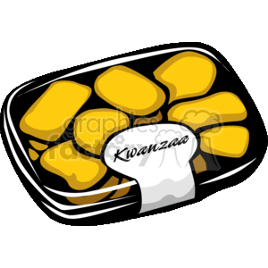 The clipart image features a tray of yellow cookies with an accompanying label that reads Kwanzaa. The cookies are styled to appear simplistic and cartoonish, typical of clipart graphics. The tray has a black border with a clear or white lid, presumably to showcase the cookies.