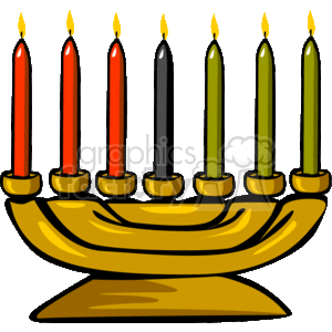 The clipart image depicts a Kinara, the candleholder used during Kwanzaa. There are seven candles (Mishumaa Saba) placed in the Kinara: three red candles on the left, one black candle in the middle, and three green candles on the right. Each candle represents one of the seven principles (Nguzo Saba) of Kwanzaa.