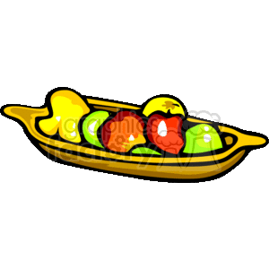 This clipart image depicts a wooden fruit bowl filled with assorted fruits which can symbolize abundance and are often associated with the celebration of Kwanzaa, an African American and pan-African holiday. The fruits appear to be stylized representations of bananas, apples, and possibly a lime or green apple.