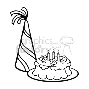 The clipart image shows a party hat next to a cake with candles on it. The cake appears to be decorated with frosting and has several roses on top surrounding the candles.