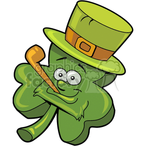 A Green Three Leaf Clover with a Silly Face a Pipe and a Green Irish Top Hat 