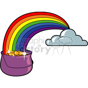 A clipart image depicting a cloud and a rainbow ending in a purple pot of gold, symbolizing good luck often associated with St. Patrick's Day.