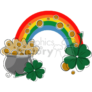 A colorful clipart image featuring a pot of gold with bubbles, a vibrant rainbow, and green four-leaf clovers, symbolizing St. Patrick's Day.