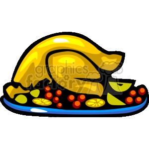 This clipart image depicts a stylized roasted turkey on a platter, garnished with what appear to be slices of lemon and assorted round red fruits or vegetables, which may represent cranberries or tomatoes