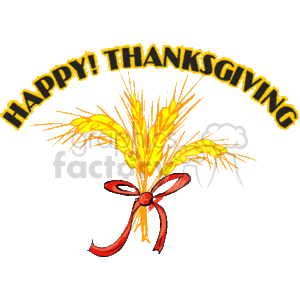 The image is a Thanksgiving-themed clipart featuring a bundle of wheat tied together with a red ribbon. Above the wheat, the words HAPPY THANKSGIVING are written in a festive, bold, and stylized yellow font with a sparkle effect. The image combines symbols associated with abundance and harvest with a holiday greeting.