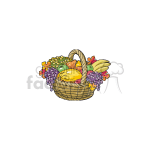 The clipart image shows a woven basket filled with a variety of autumnal fruits. Visible are bunches of grapes, apples, pears, and bananas. The basket is overflowing, suggesting abundance, and is flanked by leaves in fall colors, evoking the Thanksgiving season.