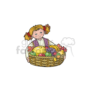 In the clipart image, there is a young girl with a smile, wearing a vest and a blouse with her hair tied in pigtails. She is holding a large, wicker basket full of various fruits such as apples, grapes, and possibly a squash or gourd, suggesting a bountiful harvest which is associated with the Thanksgiving holiday and the autumn season.