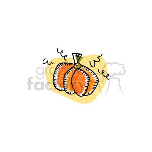 The image features a stylized drawing of a pumpkin with a noticeable stem on top and some leafy vines. The pumpkin has white stitching-like lines, giving it a whimsical, cartoonish look, suggesting it might be intended for decorative or festive purposes, such as for Thanksgiving or Halloween.