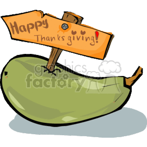The image depicts a whimsical illustration of an eggplant with a cartoonish face, lying down and looking content. Above the eggplant, there is a wooden sign with an orange background and the inscription Happy Thanksgiving! with a small heart and a leaf graphic to emphasize the holiday theme.