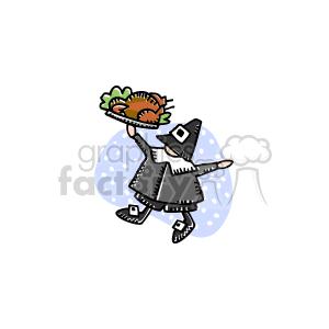 A pilgrim carrying a platter with a roast turkey