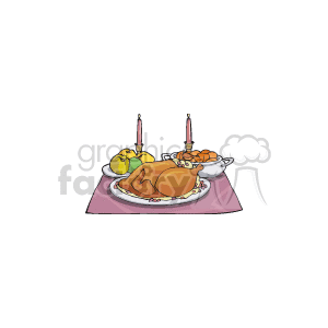This clipart image features a traditional Thanksgiving dinner setting with a roasted turkey on a platter, accompanied by side dishes that include a bowl of carrots and another dish with a green and yellow food, possibly representing vegetables like green beans or squash. There are also two lit candles, suggesting a festive or formal atmosphere.