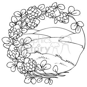 The image is a black and white clipart of a circular frame decorated with floral or leaf patterns. Inside the circular frame is a simplistic landscape scene with rolling hills or fields.