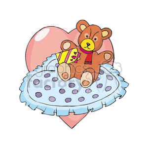 A cute teddy bear holding a gift on a polka dot pillow with a large heart in the background, themed for Valentine's Day.