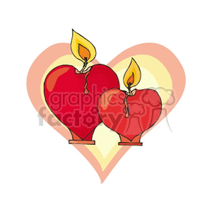 Clipart image of two red heart-shaped candles with flames, set against a large heart backdrop.