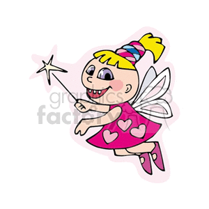 A whimsical fairy cartoon with heart designs on her dress, holding a star-tipped wand. The fairy is smiling with wings and a colorful hat, conveying a playful and magical theme.